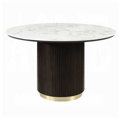 Clayten Round Dining Table – White Marble Top, Espresso Base